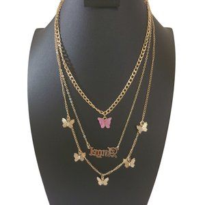Trendy Pink Butterfly Gold Chain Necklace Layered Set Gift